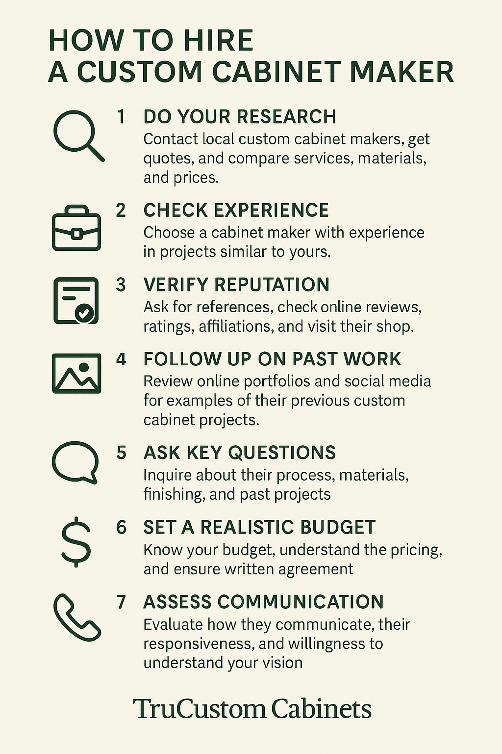 Horizontal infographic titled 'How to Hire a Custom Cabinet Maker' by TruCustom Cabinets, showing key steps like research, verifying reputation, evaluating experience, reviewing portfolios, setting budgets, and communication tips.